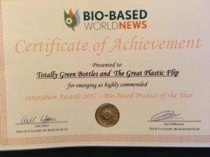 image of a certificate awarded to Totally Green Bottles and Caps